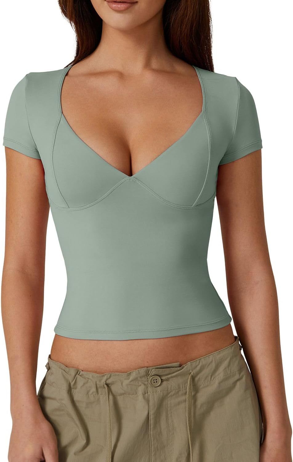 Vibecurve® Women's V Neck Short Sleeve T Shirts Double Lined Tee Seamed Cup Going Out Tops