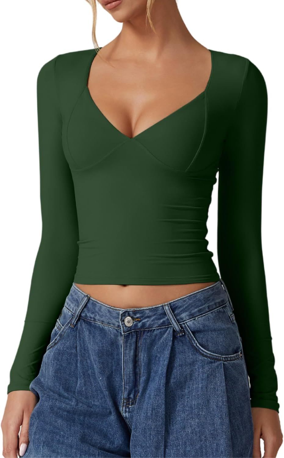 Vibecurve® Women's Long Sleeve Deep V Neck Crop Top Basic Style