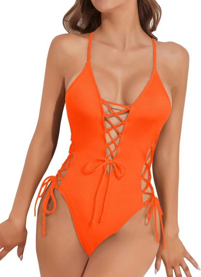 Vibecurve® Women Sexy Lace Up One PieceSwimsuit Deep Plunge V Neck Bathing Suits Tummy Control Swimwear 