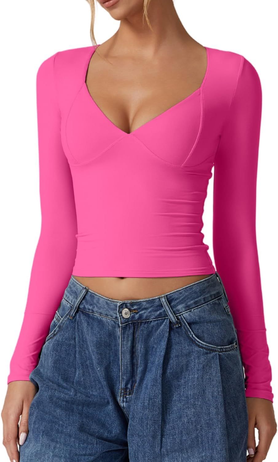 Vibecurve® Women's Long Sleeve Deep V Neck Crop Top Basic Style