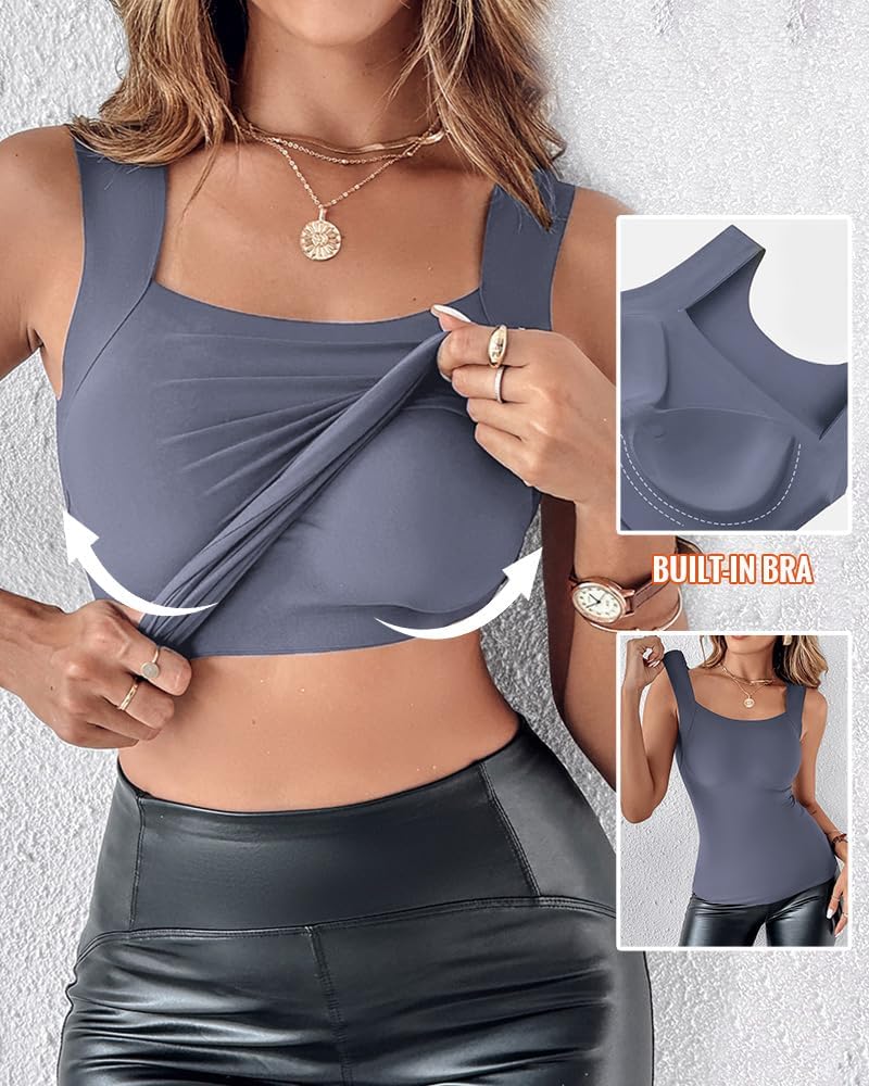 Vibecurve® Womens U Neck Shapewear Built-in Bra Tank High Strechy Sleeveless Slim Fit Tops Camisole Workout Tops