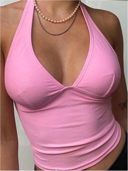 Vibecurve® Women's Halter Tops V Neck Tie Backless Summer Crop Tank Top