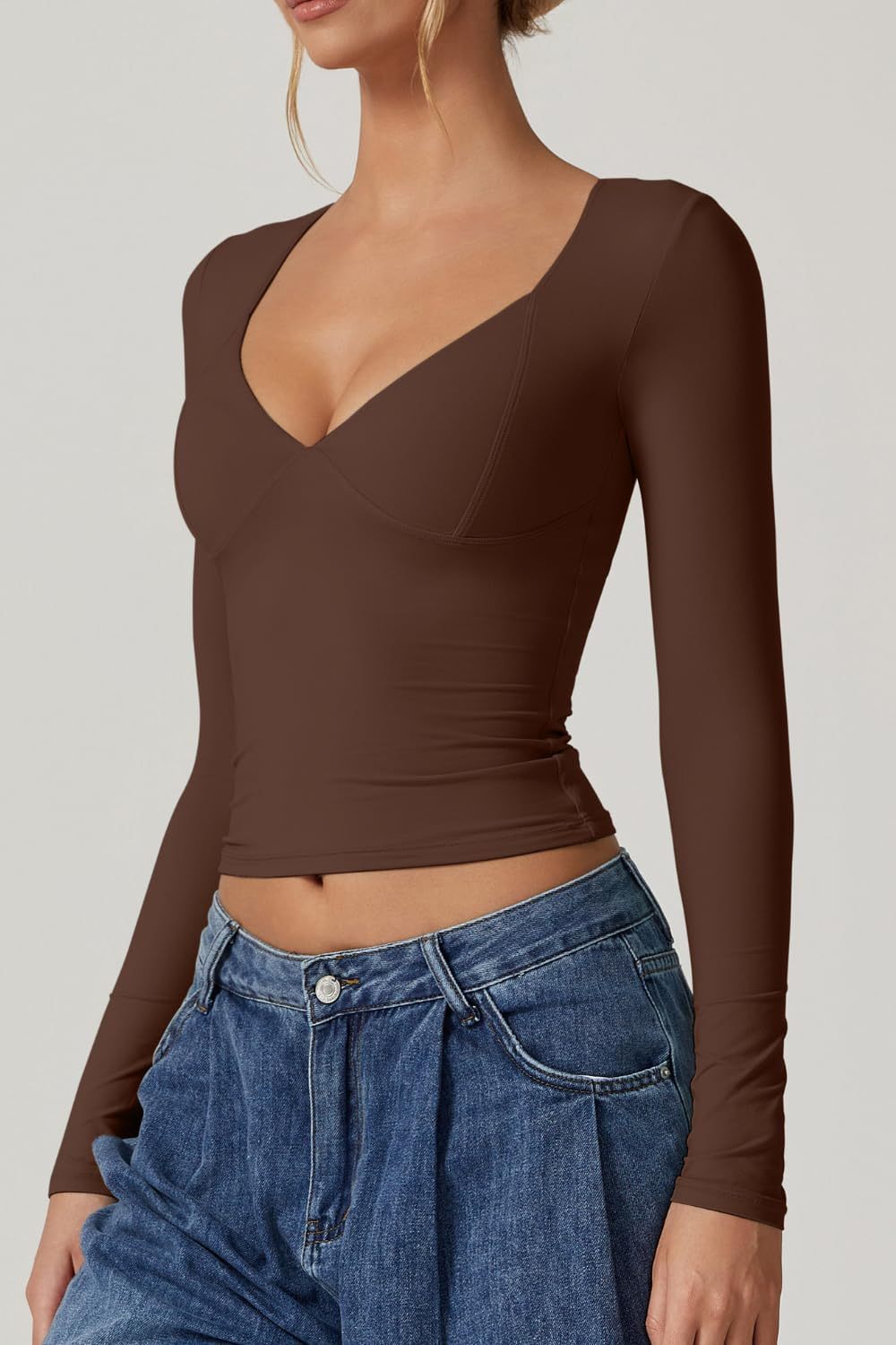 Vibecurve® Women's Long Sleeve Deep V Neck Crop Top Basic Style