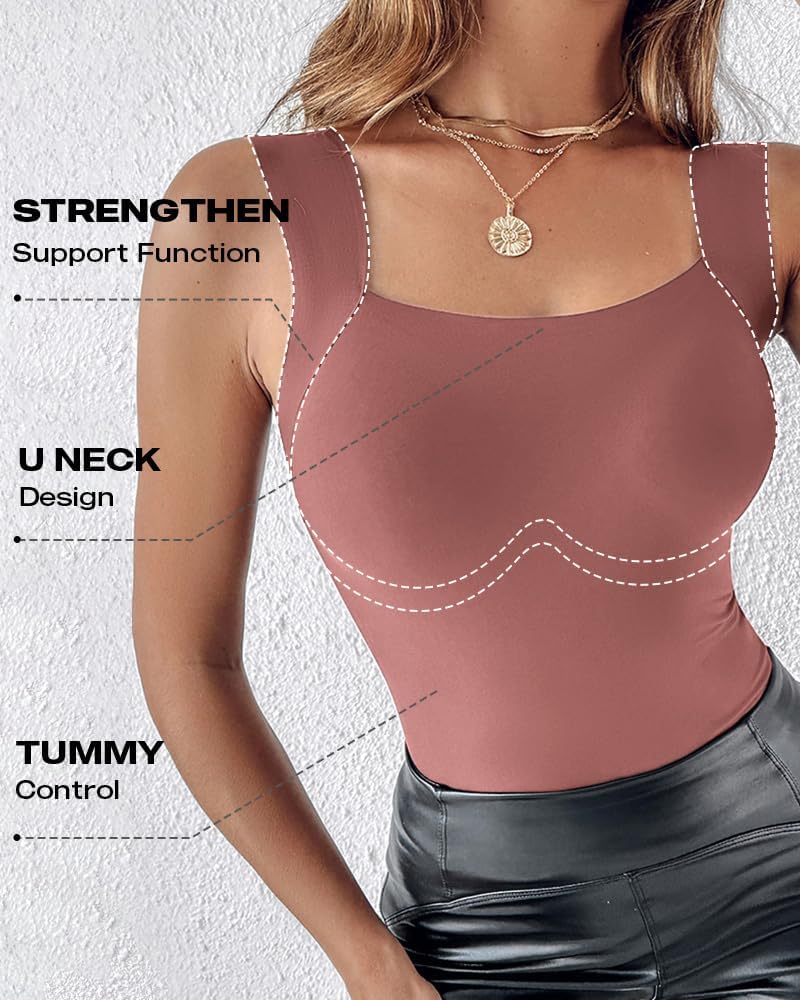 Vibecurve® Womens U Neck Shapewear Built-in Bra Tank High Strechy Sleeveless Slim Fit Tops Camisole Workout Tops