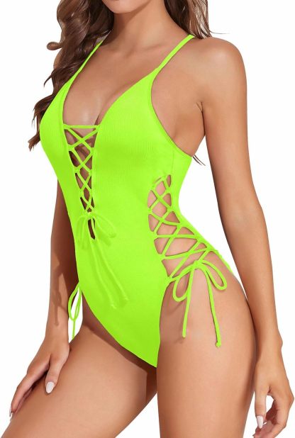 Vibecurve® Women Sexy Lace Up One PieceSwimsuit Deep Plunge V Neck Bathing Suits Tummy Control Swimwear 