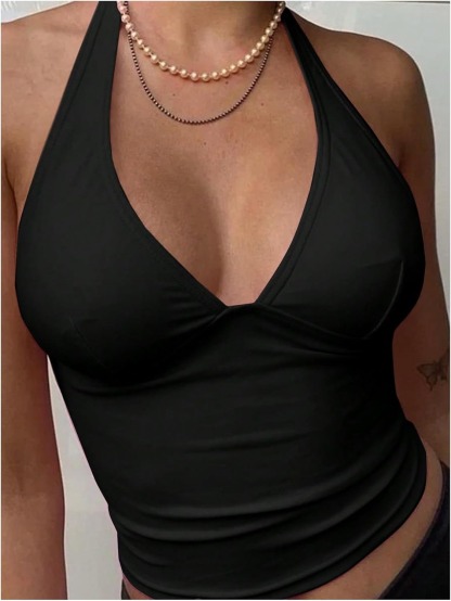 Vibecurve® Women's Halter Tops V Neck Tie Backless Summer Crop Tank Top