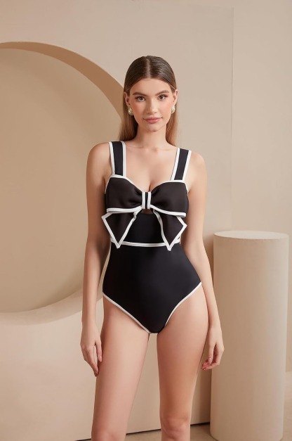 Vibecurve®Black and White Swimsuit Bow-tie Decor Women's Polka dot Print Skirt One Piece Bathing Suit with Skirt