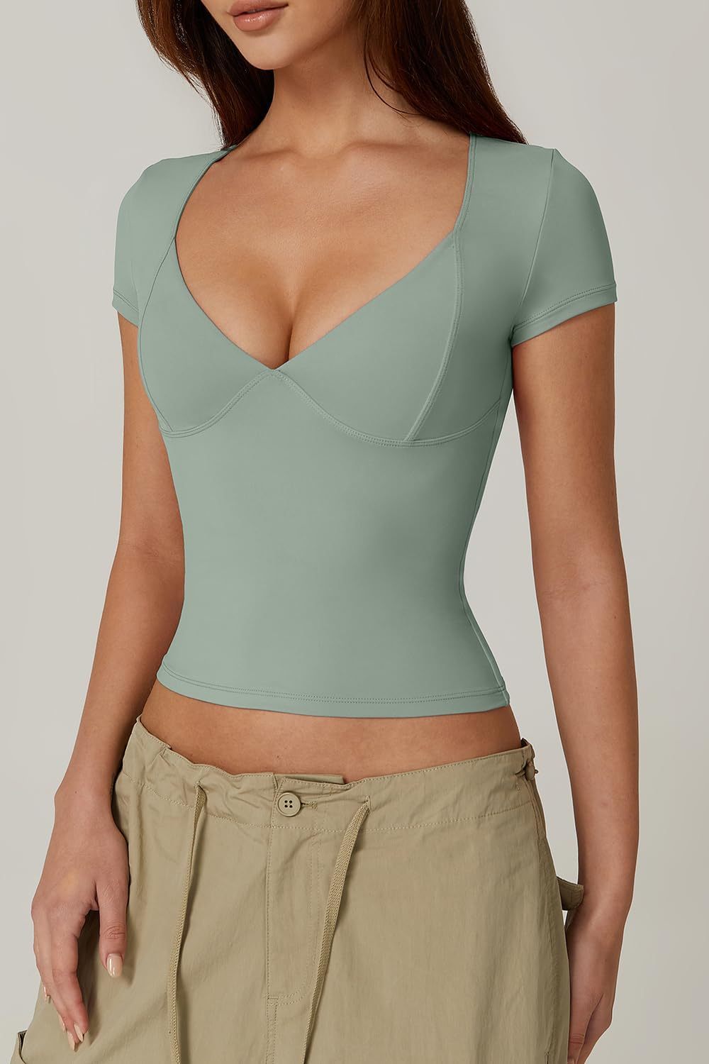 Vibecurve® Women's V Neck Short Sleeve T Shirts Double Lined Tee Seamed Cup Going Out Tops