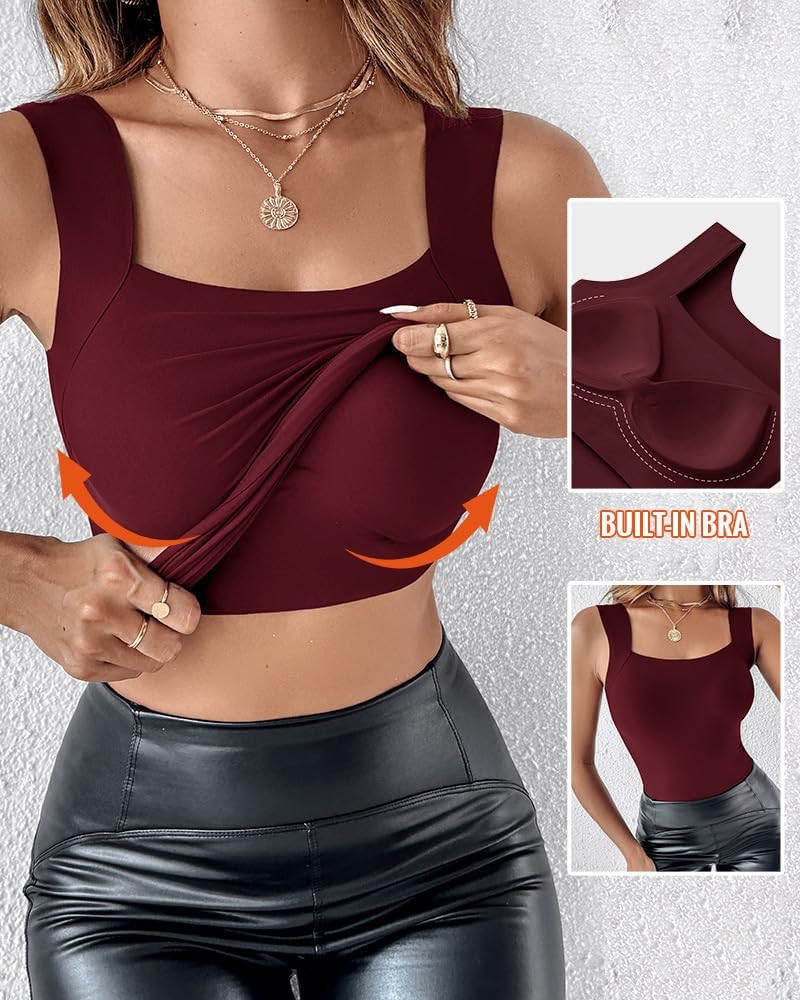 Vibecurve® Womens U Neck Shapewear Built-in Bra Tank High Strechy Sleeveless Slim Fit Tops Camisole Workout Tops