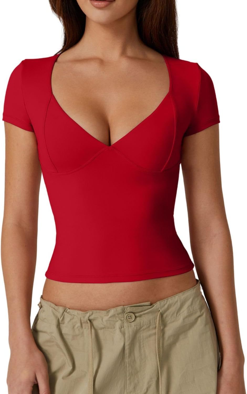 Vibecurve® Women's V Neck Short Sleeve T Shirts Double Lined Tee Seamed Cup Going Out Tops