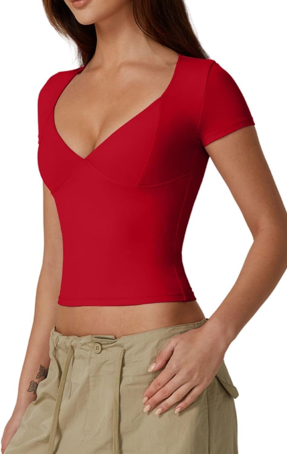 Vibecurve® Women's V Neck Short Sleeve T Shirts Double Lined Tee Seamed Cup Going Out Tops