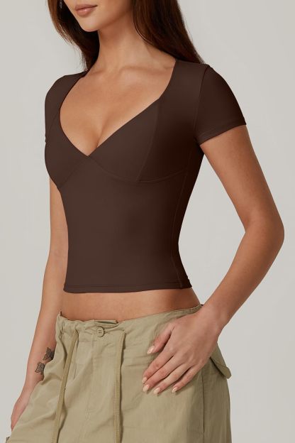 Vibecurve® Women's V Neck Short Sleeve T Shirts Double Lined Tee Seamed Cup Going Out Tops