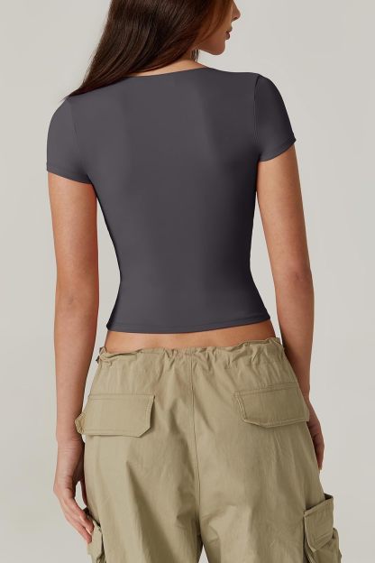 Vibecurve® Women's V Neck Short Sleeve T Shirts Double Lined Tee Seamed Cup Going Out Tops