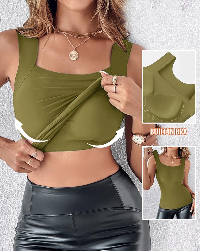 Vibecurve® Womens U Neck Shapewear Built-in Bra Tank High Strechy Sleeveless Slim Fit Tops Camisole Workout Tops