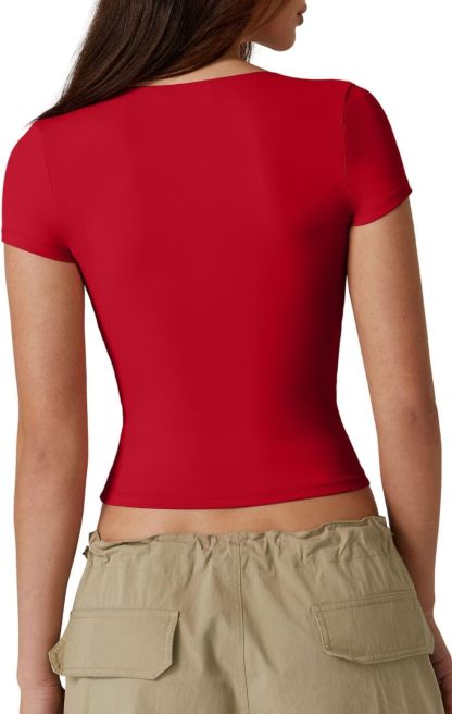 Vibecurve® Women's V Neck Short Sleeve T Shirts Double Lined Tee Seamed Cup Going Out Tops