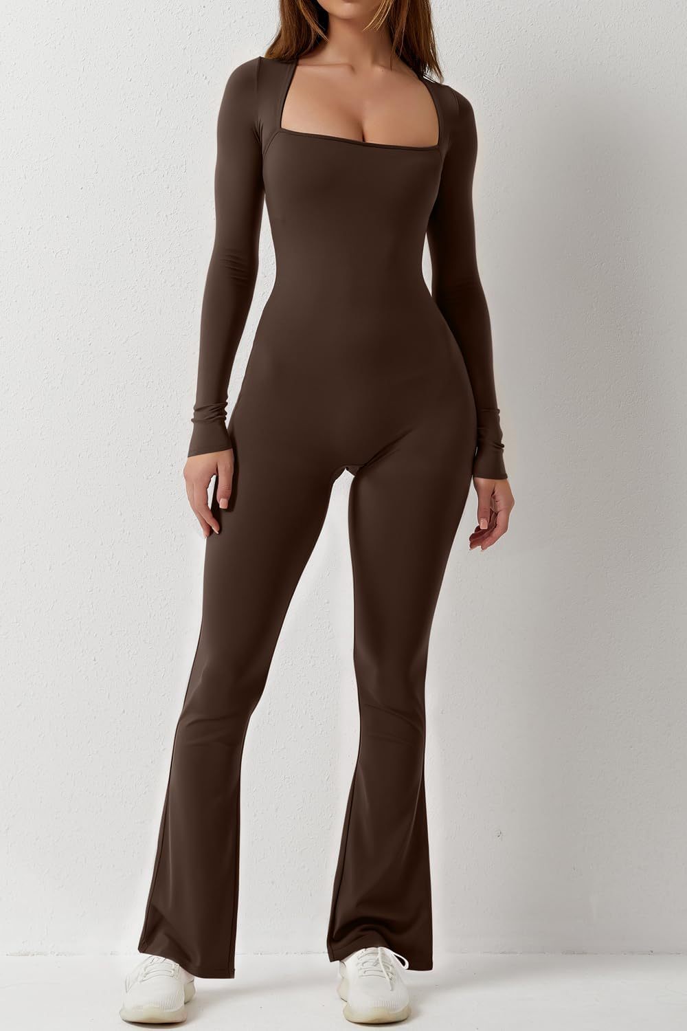 Vibecurve® Solid Square Neck Slim Long Sleeve Flare Leg Full Length Jumpsuit