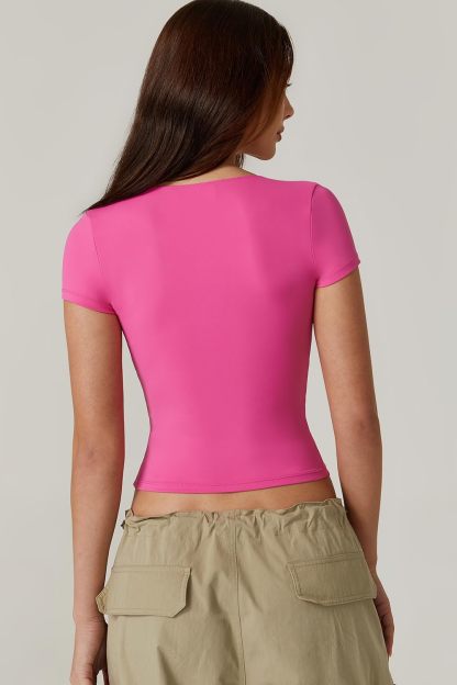 Vibecurve® Women's V Neck Short Sleeve T Shirts Double Lined Tee Seamed Cup Going Out Tops