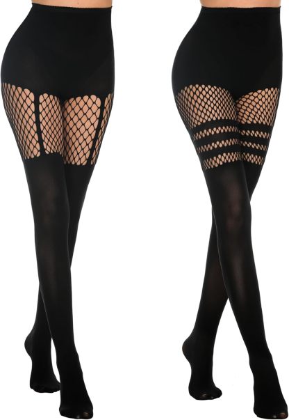 Womens Faux Thigh High Fishnet Stockings Stitching Opaque Pantyhose Mock Over the Knee Goth Striped Suspender Tights