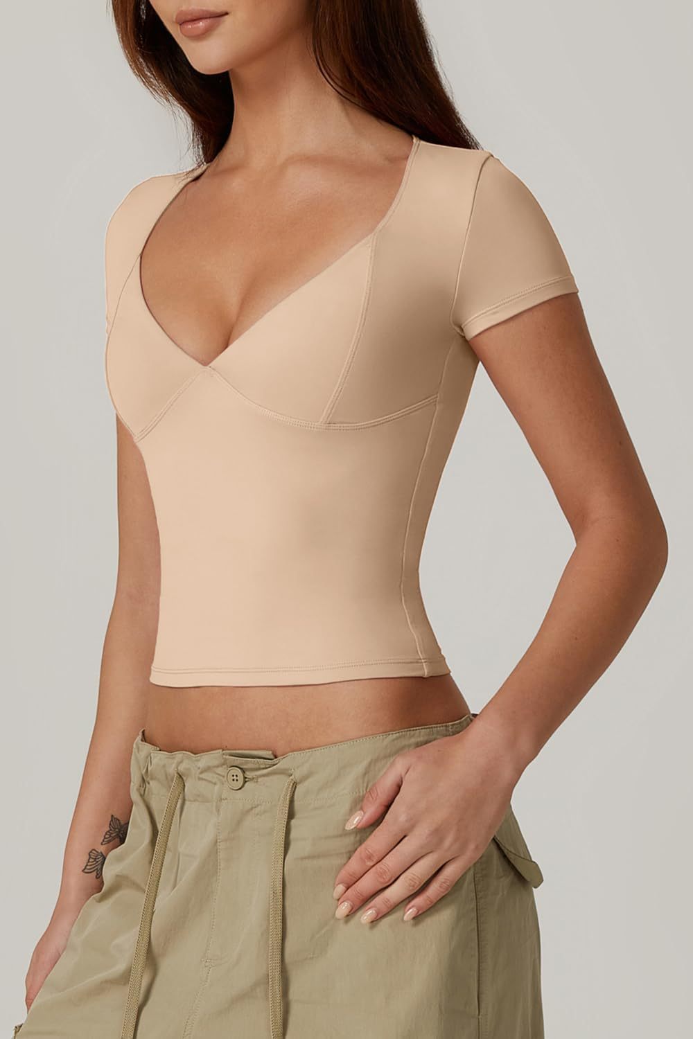 Vibecurve® Women's V Neck Short Sleeve T Shirts Double Lined Tee Seamed Cup Going Out Tops