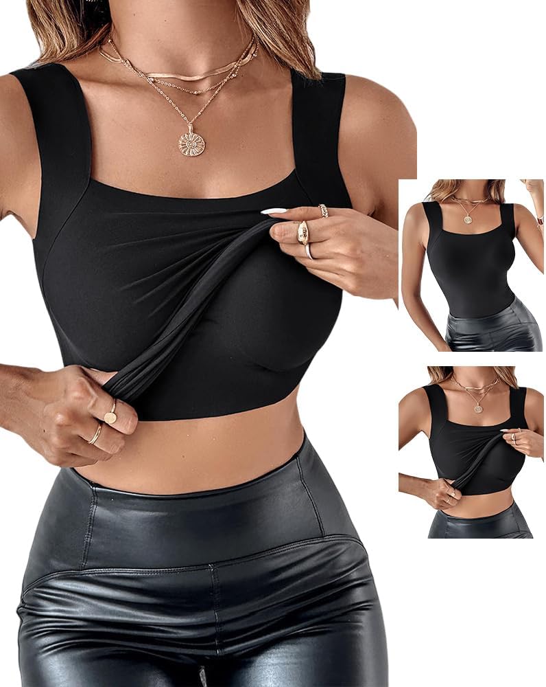 Vibecurve® Womens U Neck Shapewear Built-in Bra Tank High Strechy Sleeveless Slim Fit Tops Camisole Workout Tops