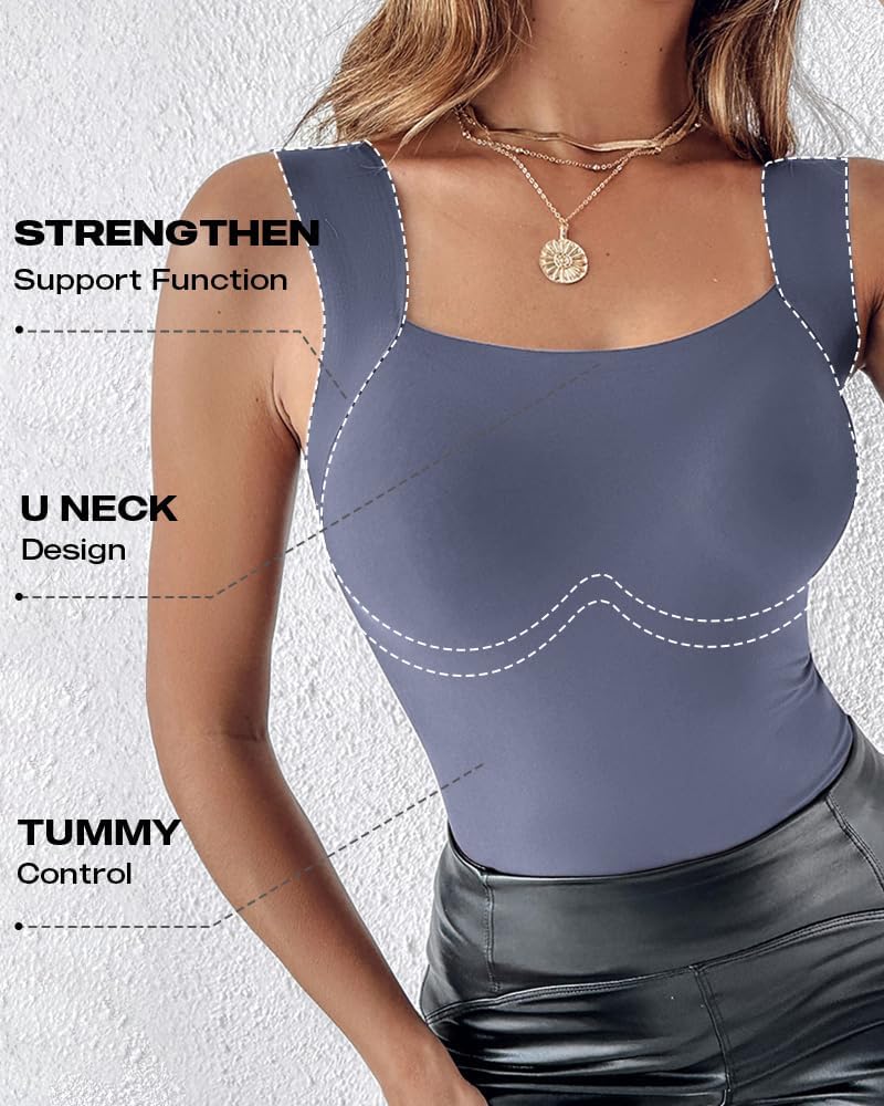 Vibecurve® Womens U Neck Shapewear Built-in Bra Tank High Strechy Sleeveless Slim Fit Tops Camisole Workout Tops
