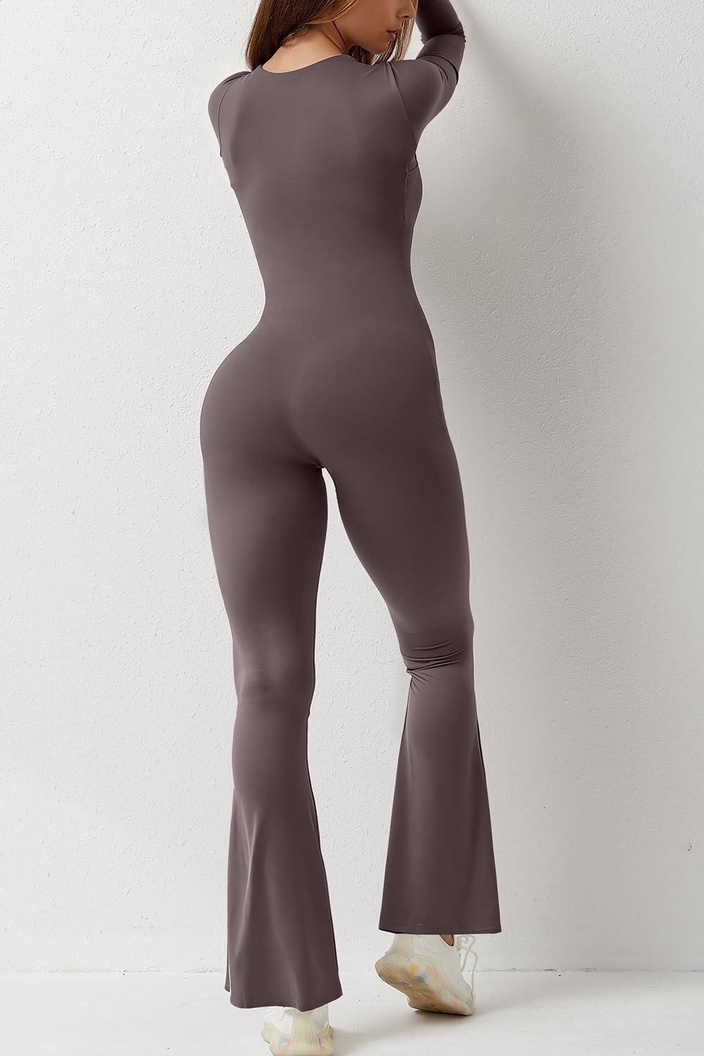 Vibecurve® Solid Square Neck Slim Long Sleeve Flare Leg Full Length Jumpsuit