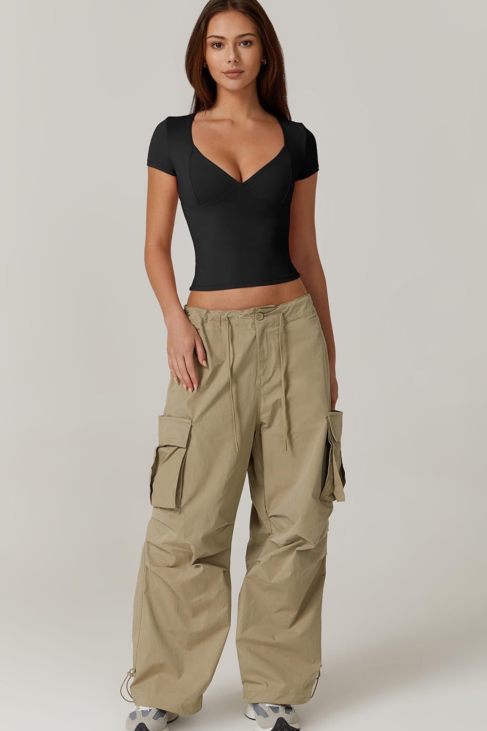 Vibecurve® Women's V Neck Short Sleeve T Shirts Double Lined Tee Seamed Cup Going Out Tops