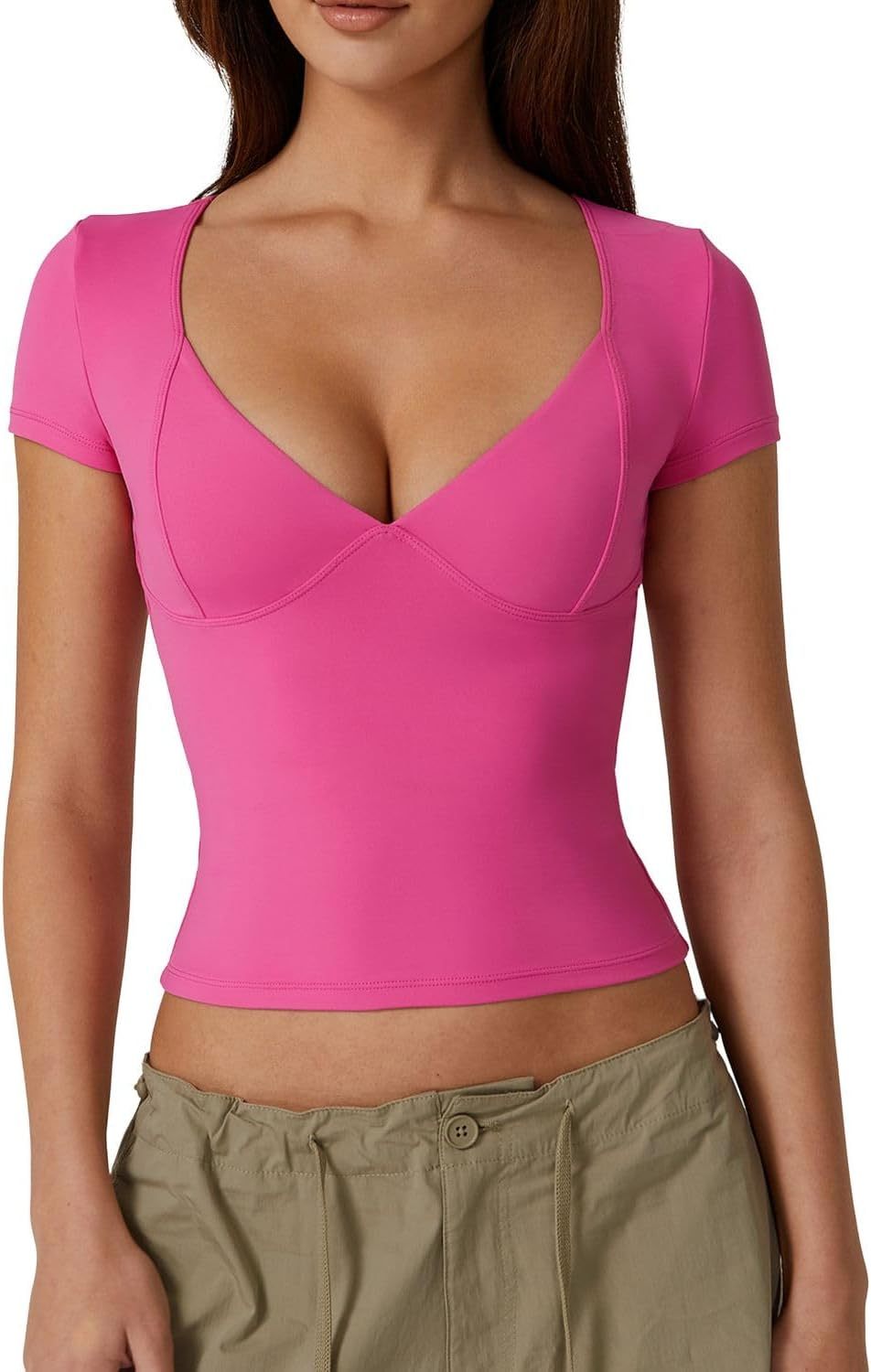 Vibecurve® Women's V Neck Short Sleeve T Shirts Double Lined Tee Seamed Cup Going Out Tops
