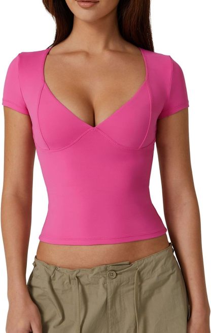 Vibecurve® Women's V Neck Short Sleeve T Shirts Double Lined Tee Seamed Cup Going Out Tops