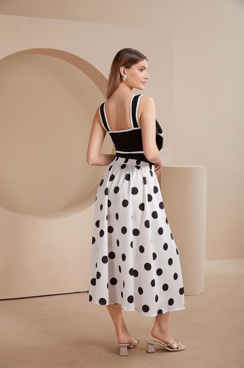 Vibecurve®Black and White Swimsuit Bow-tie Decor Women's Polka dot Print Skirt One Piece Bathing Suit with Skirt