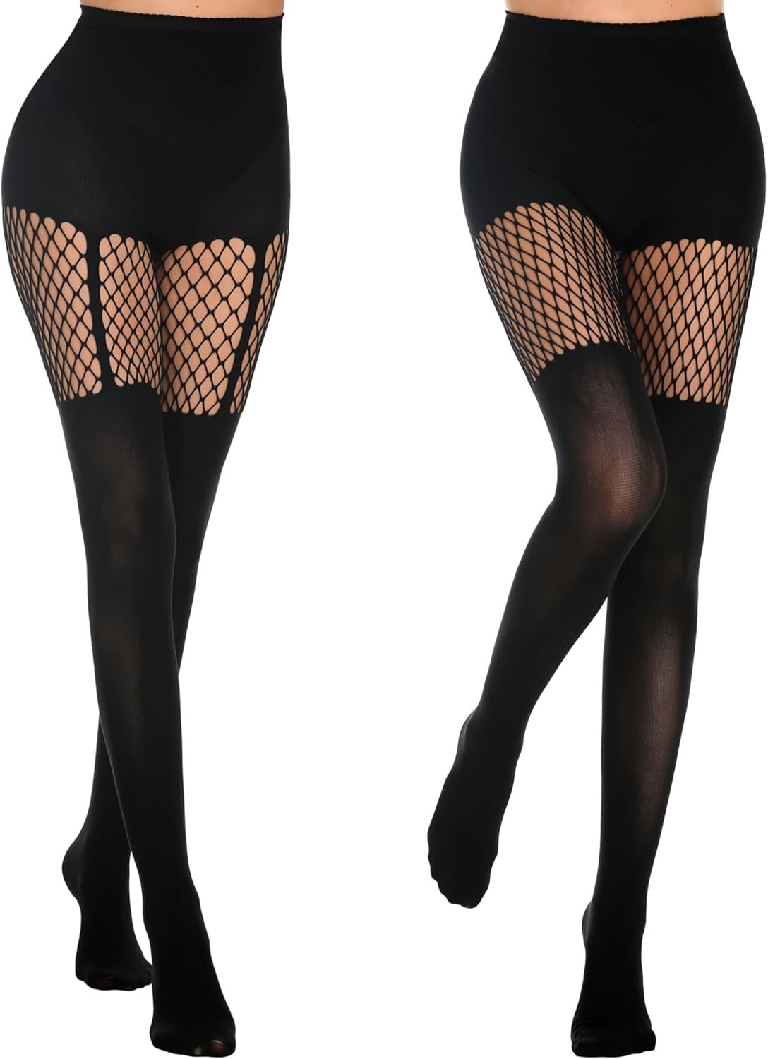Womens Faux Thigh High Fishnet Stockings Stitching Opaque Pantyhose Mock Over the Knee Goth Striped Suspender Tights