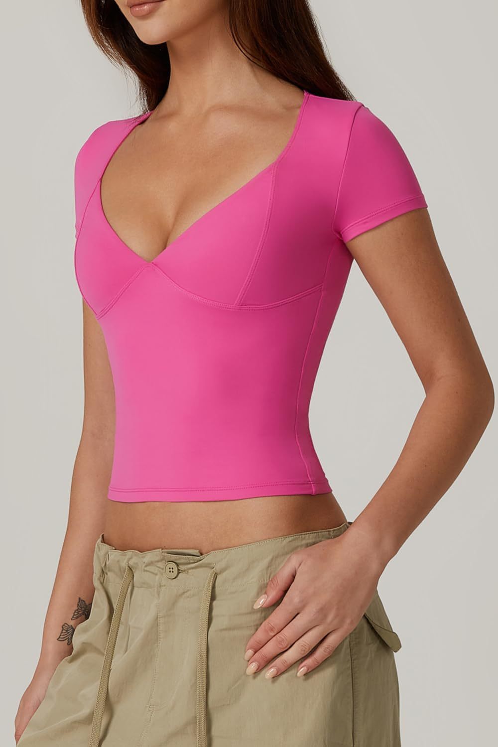 Vibecurve® Women's V Neck Short Sleeve T Shirts Double Lined Tee Seamed Cup Going Out Tops