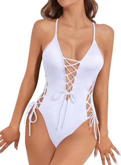 Vibecurve® Women Sexy Lace Up One PieceSwimsuit Deep Plunge V Neck Bathing Suits Tummy Control Swimwear 