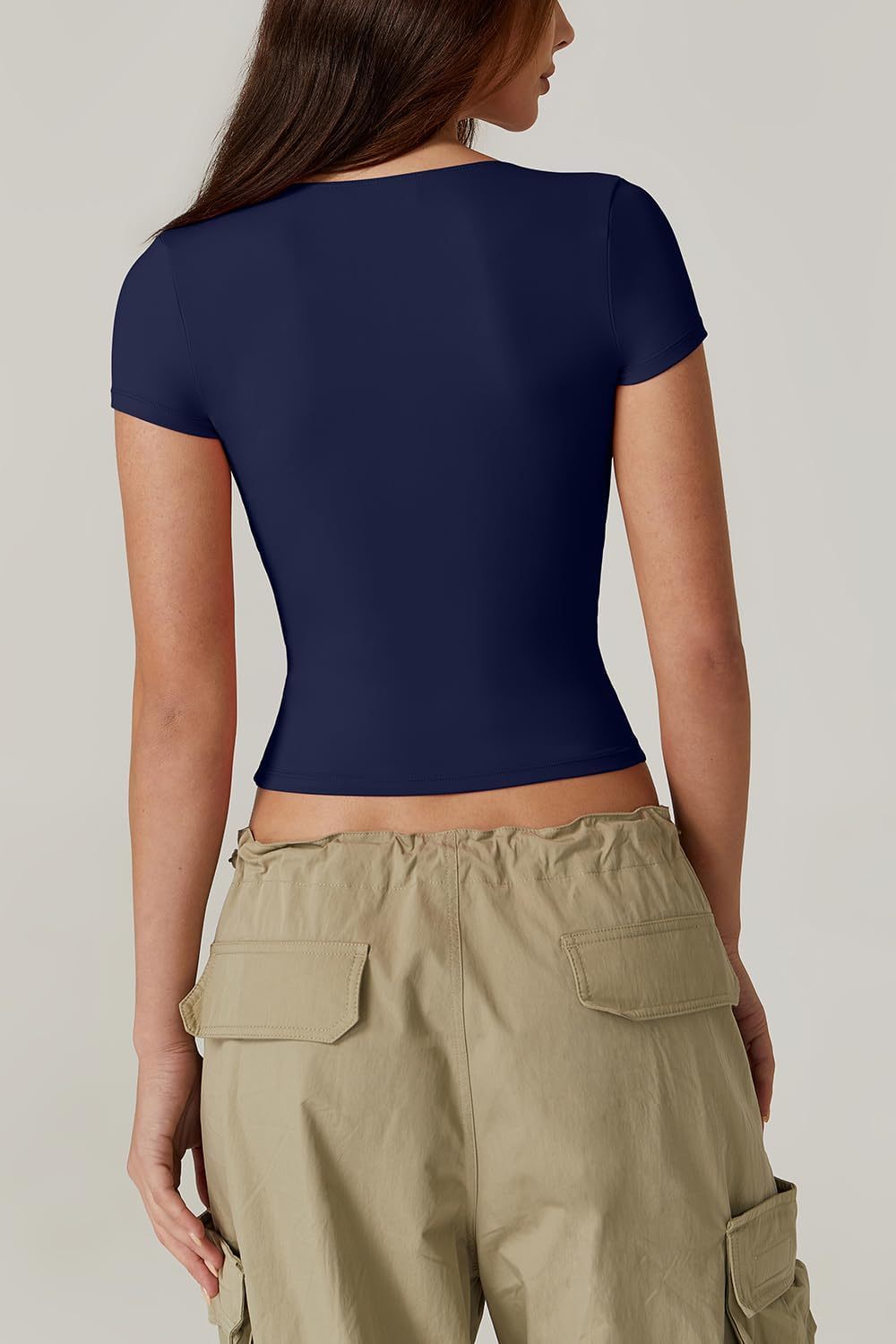 Vibecurve® Women's V Neck Short Sleeve T Shirts Double Lined Tee Seamed Cup Going Out Tops