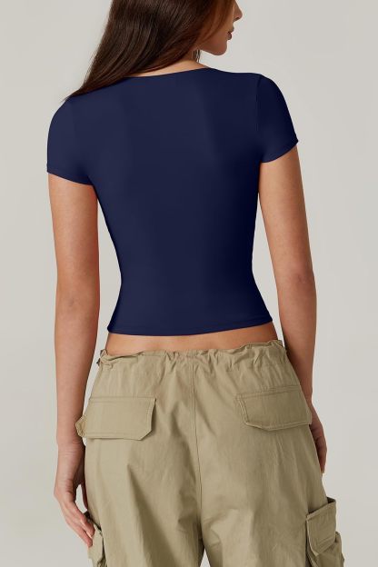 Vibecurve® Women's V Neck Short Sleeve T Shirts Double Lined Tee Seamed Cup Going Out Tops