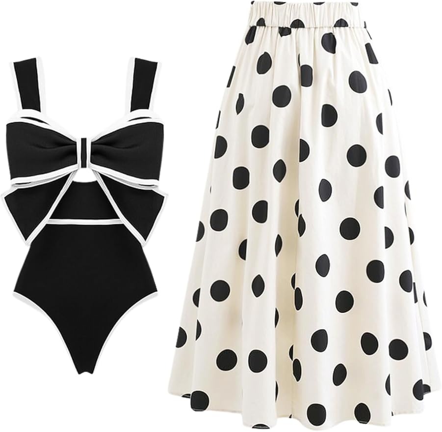Vibecurve®Black and White Swimsuit Bow-tie Decor Women's Polka dot Pri