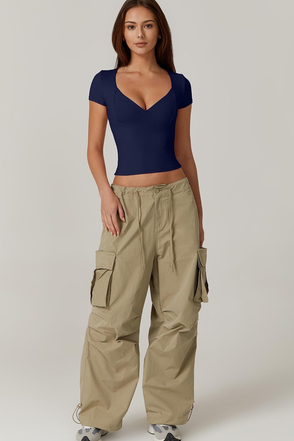 Vibecurve® Women's V Neck Short Sleeve T Shirts Double Lined Tee Seamed Cup Going Out Tops