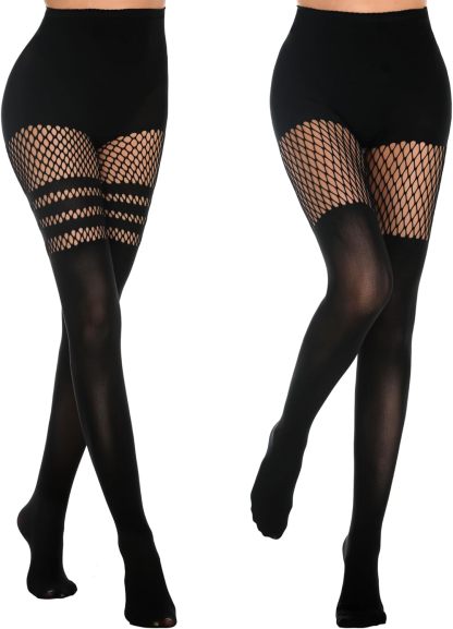 Womens Faux Thigh High Fishnet Stockings Stitching Opaque Pantyhose Mock Over the Knee Goth Striped Suspender Tights