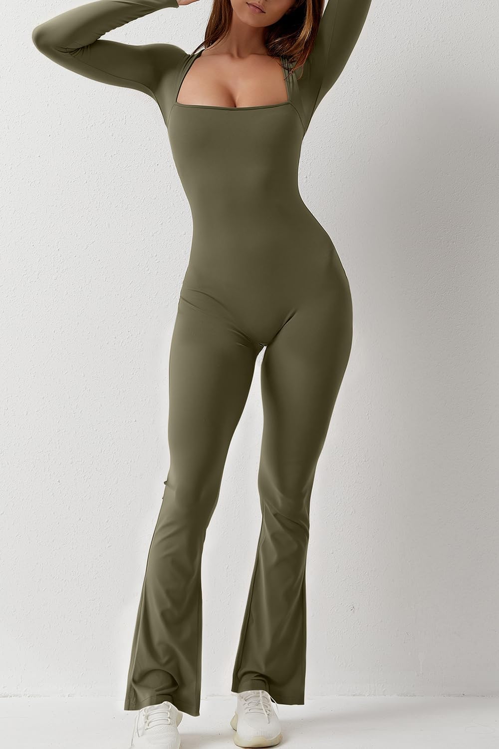 Vibecurve® Solid Square Neck Slim Long Sleeve Flare Leg Full Length Jumpsuit