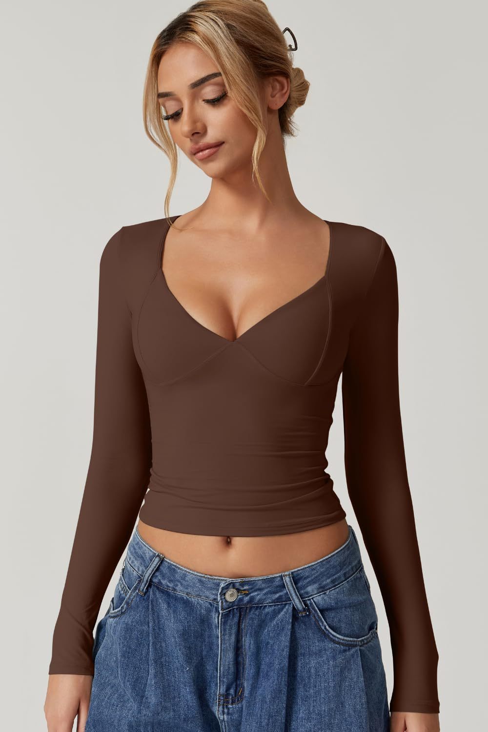 Vibecurve® Women's Long Sleeve Deep V Neck Crop Top Basic Style