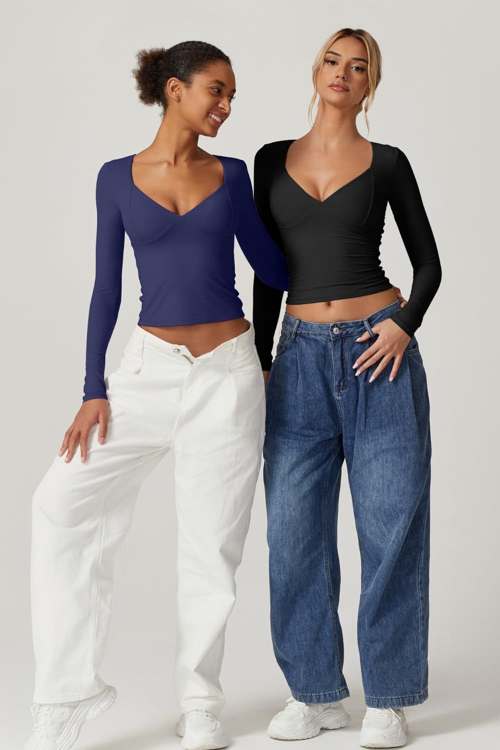 Vibecurve® Women's Long Sleeve Deep V Neck Crop Top Basic Style