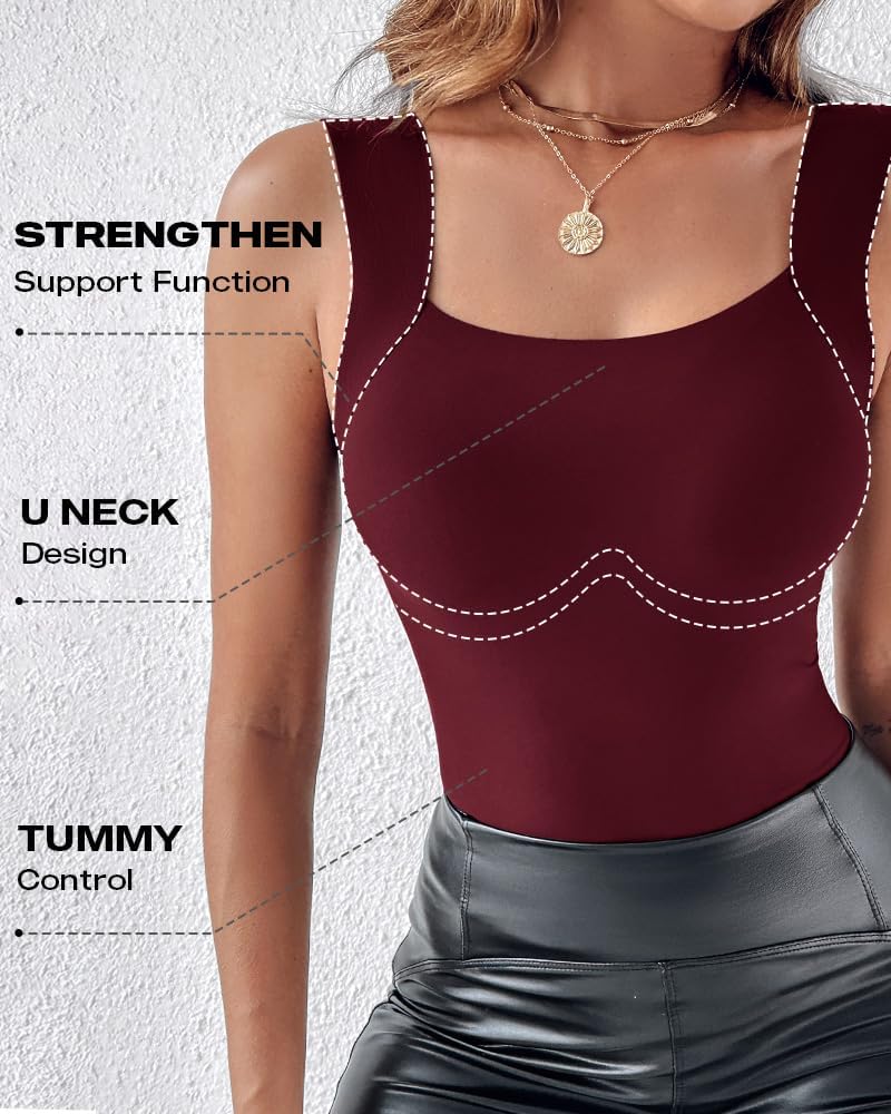 Vibecurve® Womens U Neck Shapewear Built-in Bra Tank High Strechy Sleeveless Slim Fit Tops Camisole Workout Tops