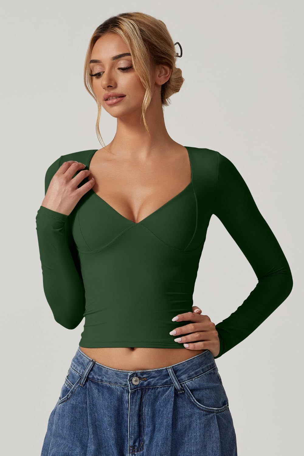 Vibecurve® Women's Long Sleeve Deep V Neck Crop Top Basic Style
