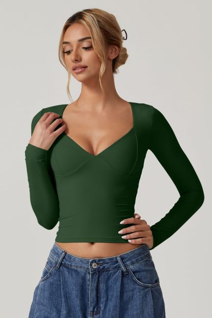 Vibecurve® Women's Long Sleeve Deep V Neck Crop Top Basic Style