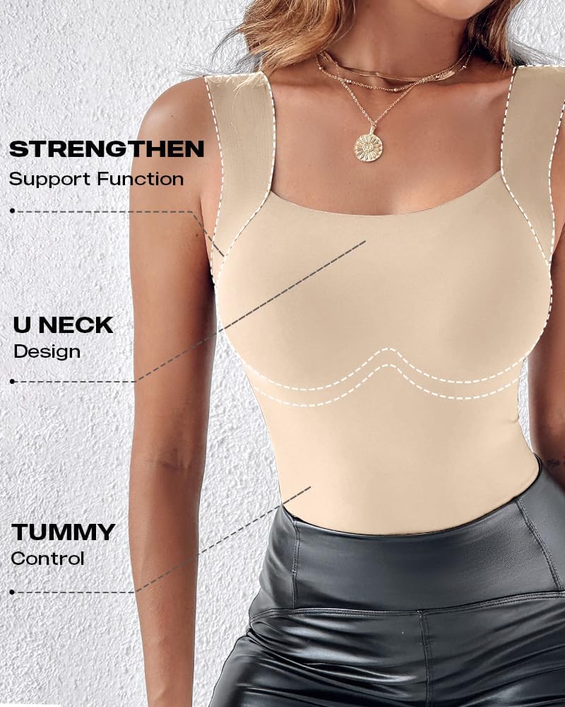 Vibecurve® Womens U Neck Shapewear Built-in Bra Tank High Strechy Sleeveless Slim Fit Tops Camisole Workout Tops