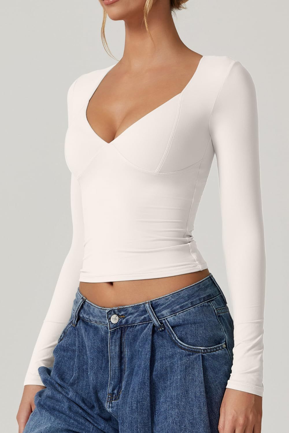Vibecurve® Women's Long Sleeve Deep V Neck Crop Top Basic Style
