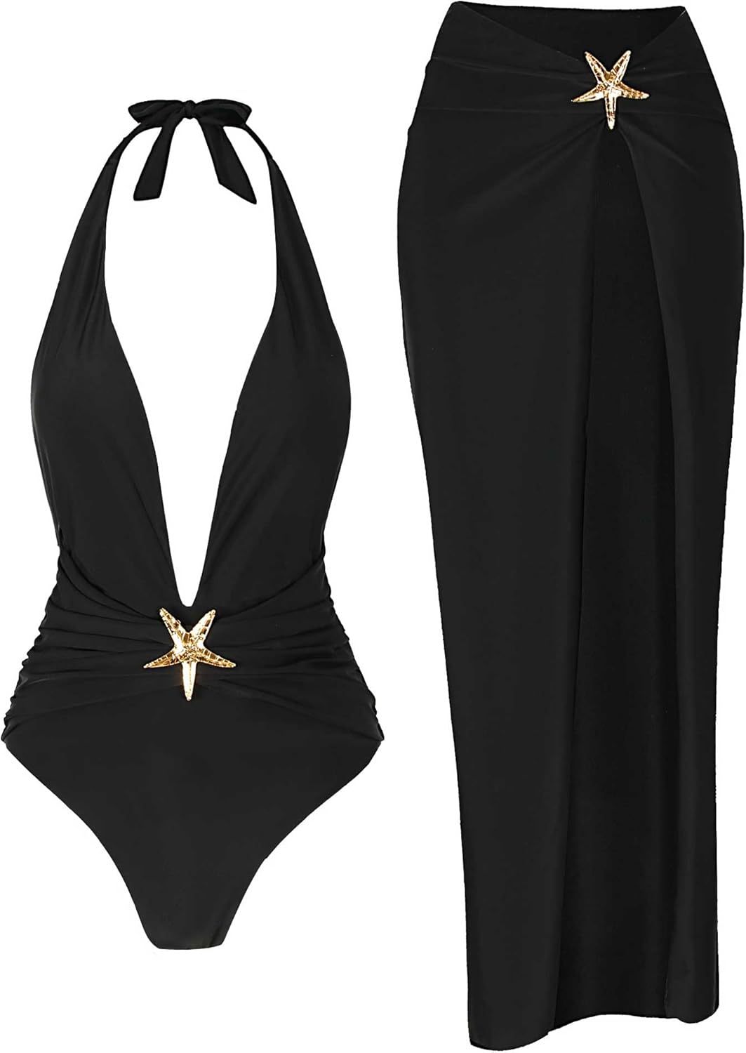 Vibecurve® One Piece Swimsuit with Cover up Skirt Starfish Swimwear Sets for Women Halter Bathing Suits Vacation Beach Dresses