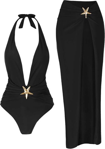 Vibecurve® One Piece Swimsuit with Cover up Skirt Starfish Swimwear Sets for Women Halter Bathing Suits Vacation Beach Dresses