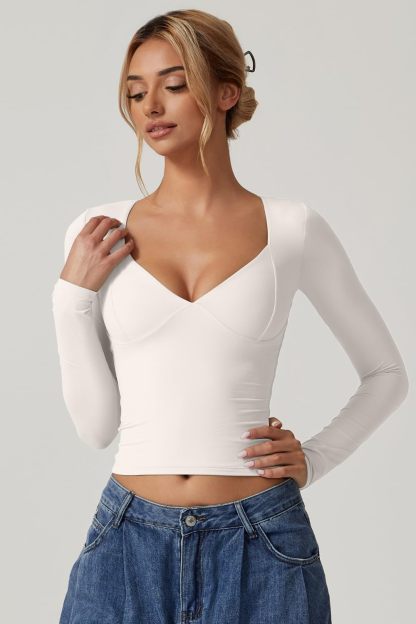 Vibecurve® Women's Long Sleeve Deep V Neck Crop Top Basic Style