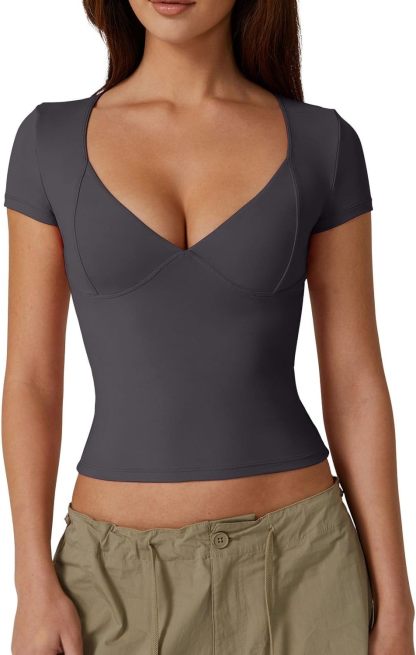 Vibecurve® Women's V Neck Short Sleeve T Shirts Double Lined Tee Seamed Cup Going Out Tops